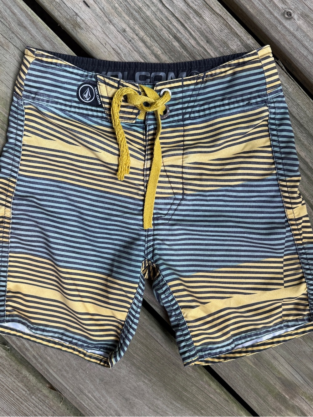 Volcom Boys Striped Board Shorts Swim surfer Trunks Size 3T 4T Yellow Teal Gray